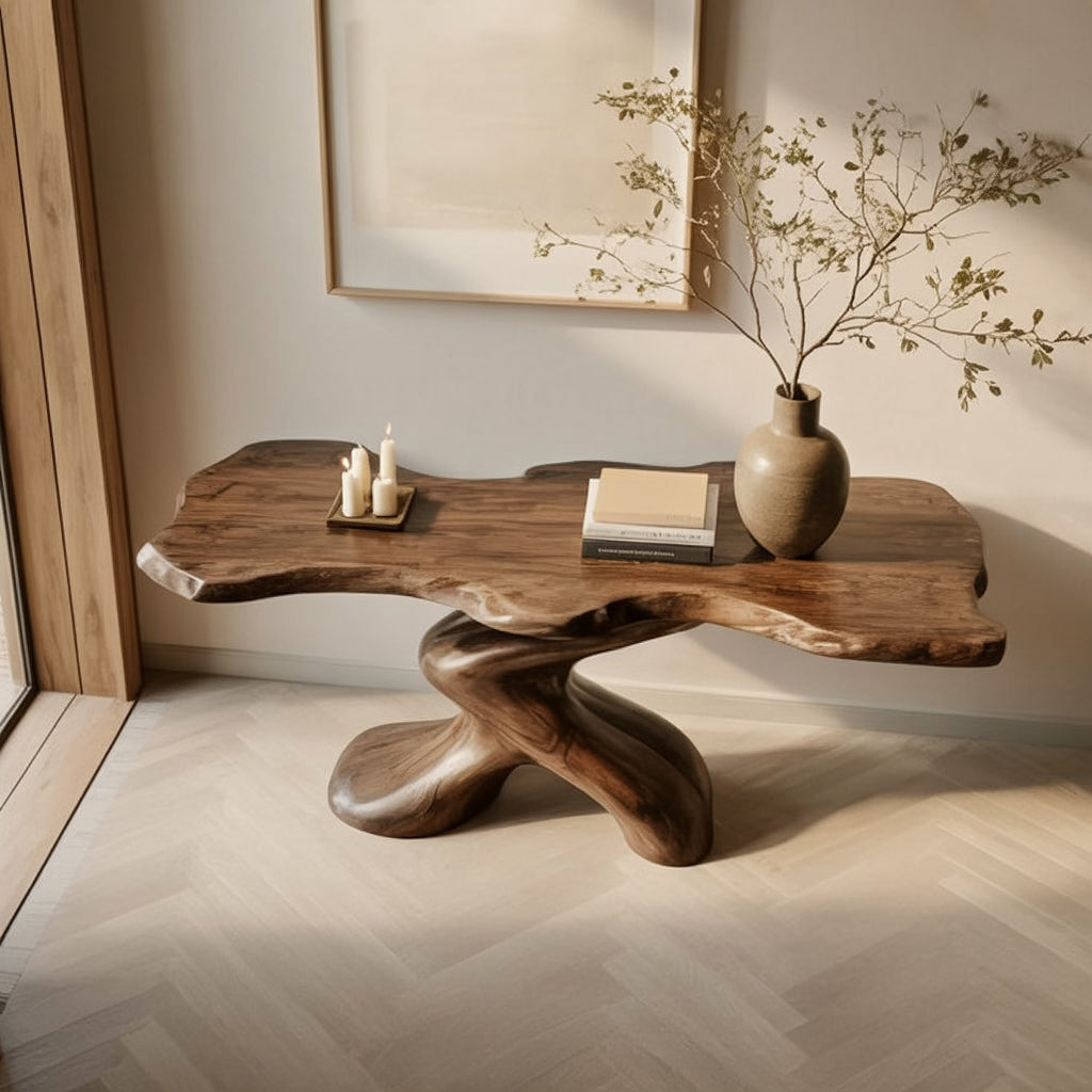 Moderne rustikale Massivholz-Konsole mit skulpturalem Sockel