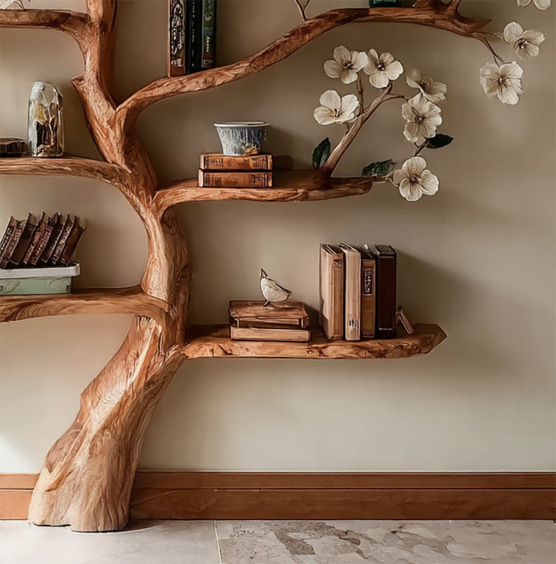 Rustikales Baum-Bücherregal – handgefertigt für Zuhause und Bücherliebhaber