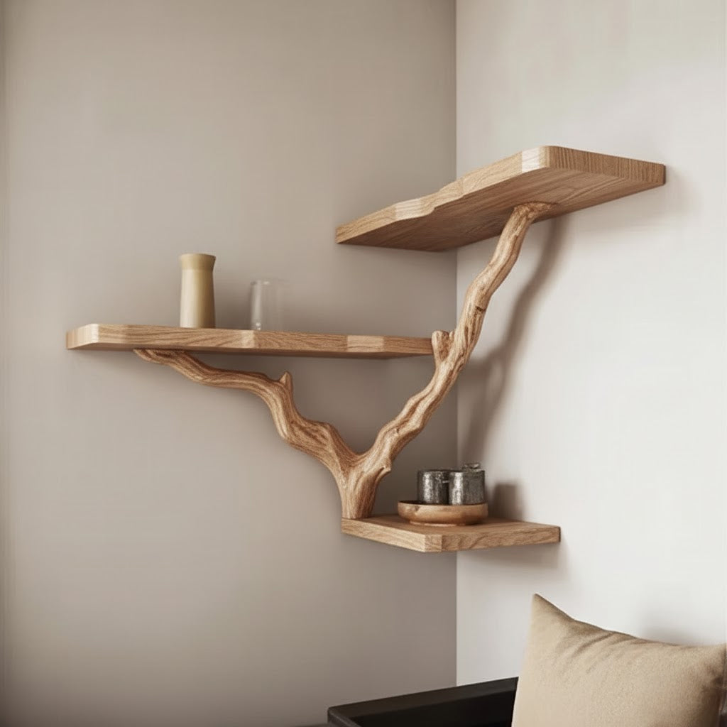 Schwebendes Eckregal Baumast-Design Schwarzes Holz Wandregal
