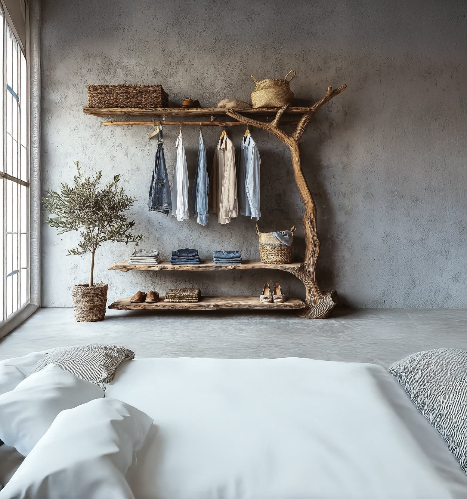 Handgefertigter Kleiderständer aus Astholz – Massivholz-Garderobe mit Ablage