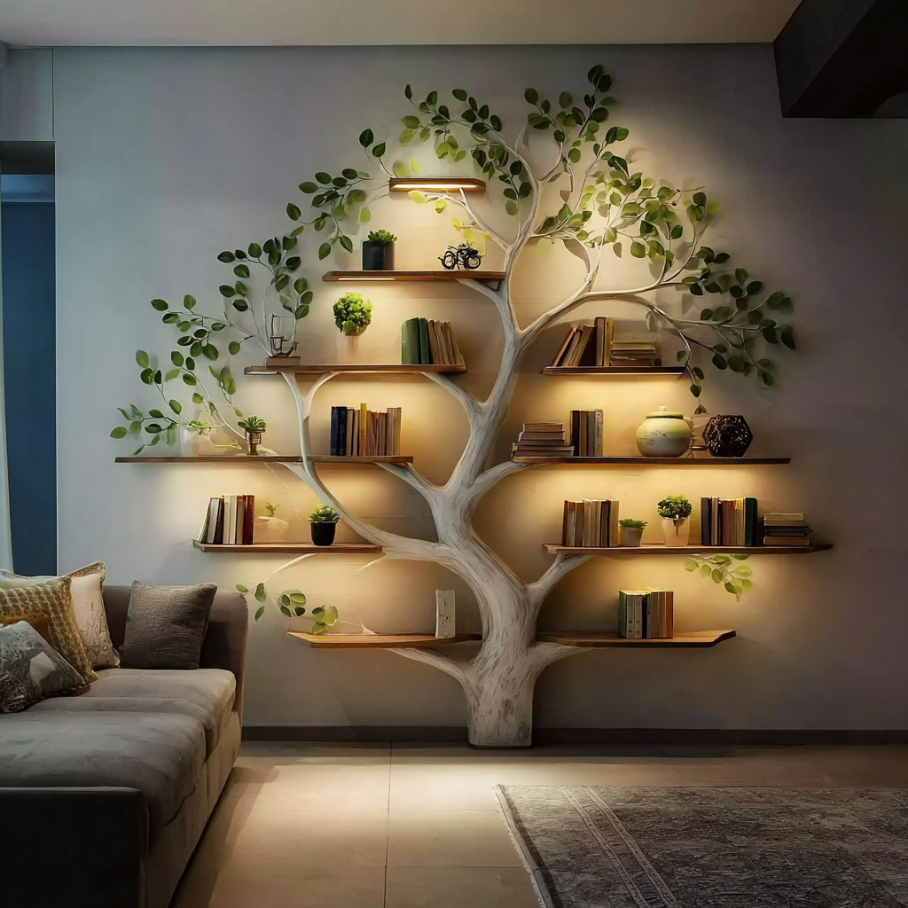 Handgefertigtes Baum-Bücherregal – Wandregal aus Naturholz