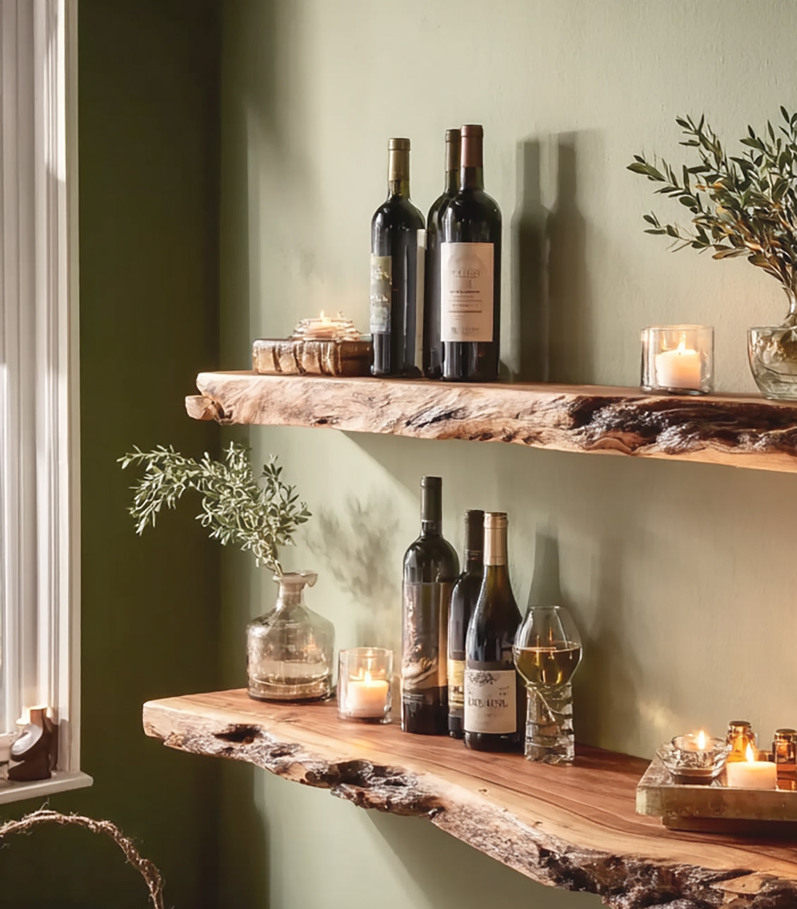 Handgefertigtes Live Edge Barregal – rustikales Massivholz-Wandregal für Küche & Bar