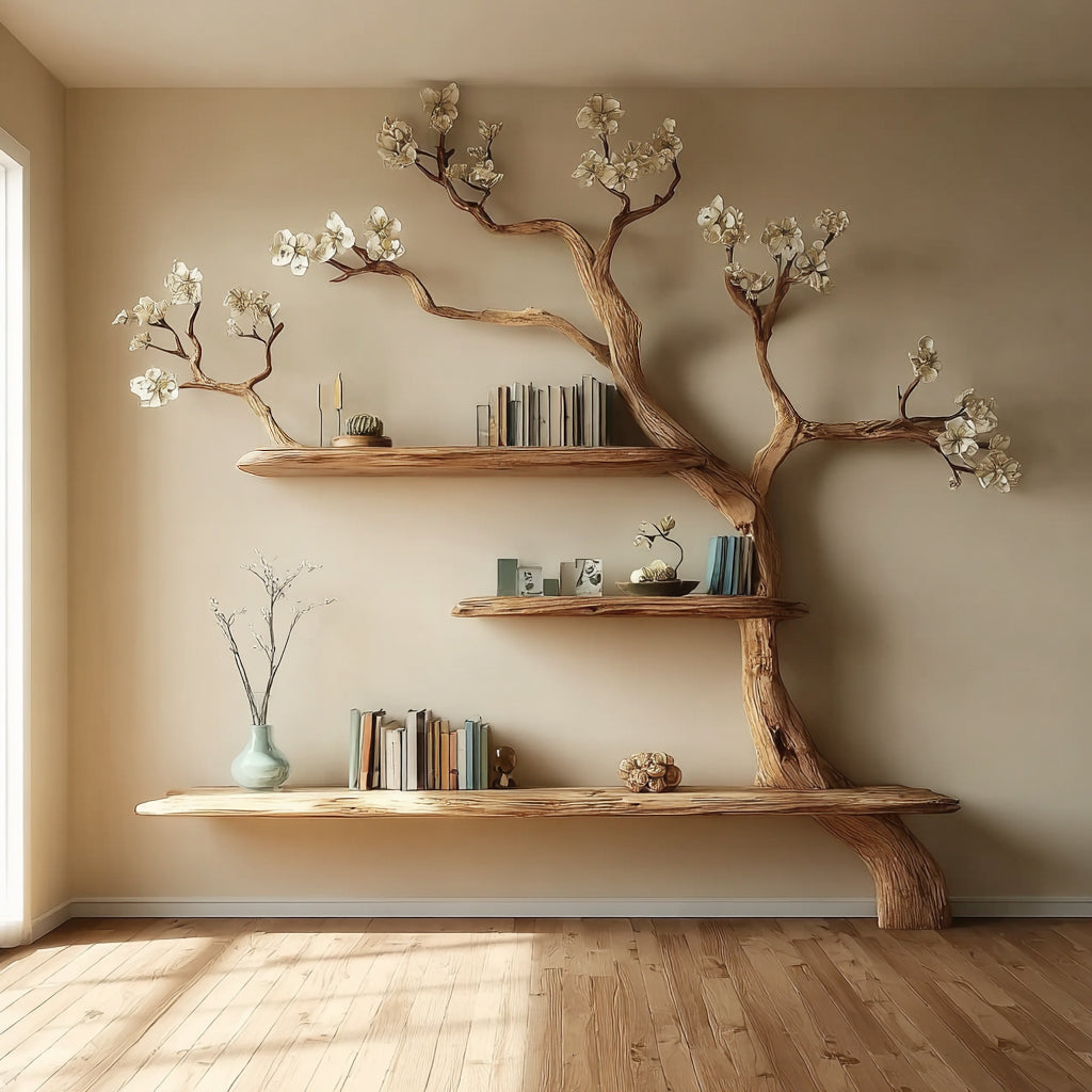 Massivholz-Baum-Bücherregal – Künstlerisches Ast-Regal, rustikal-modernes Design