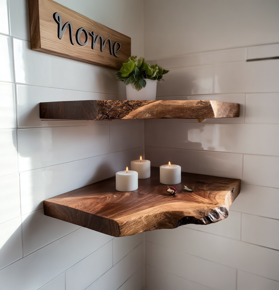 Eckregal aus Holz mit natürlicher Baumkante – rustikale Walnuss, ideal für Weihnachtsdeko & Geschenke.