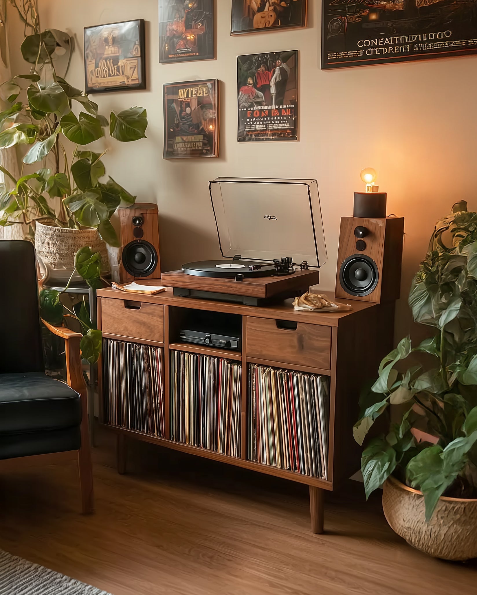 Handgefertigter Plattenspieler-Ständer aus Naturholz mit Aufbewahrung