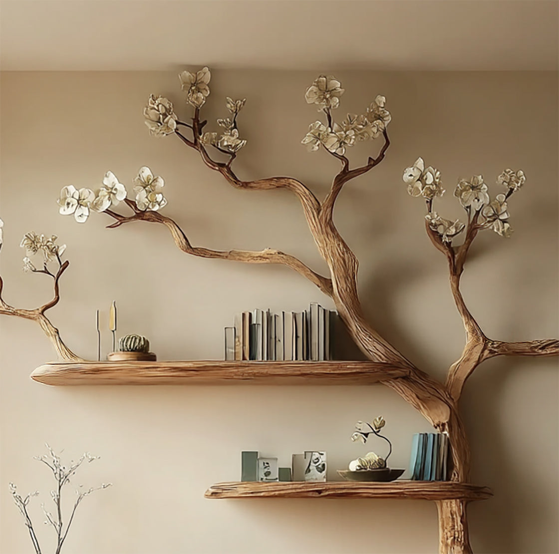 Massivholz-Baum-Bücherregal – Künstlerisches Ast-Regal, rustikal-modernes Design