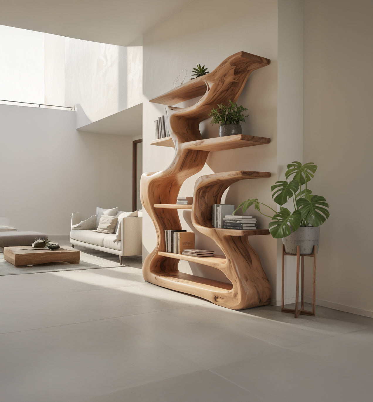 Handgefertigtes künstlerisches Holz-Bücherregal – skulpturales Design