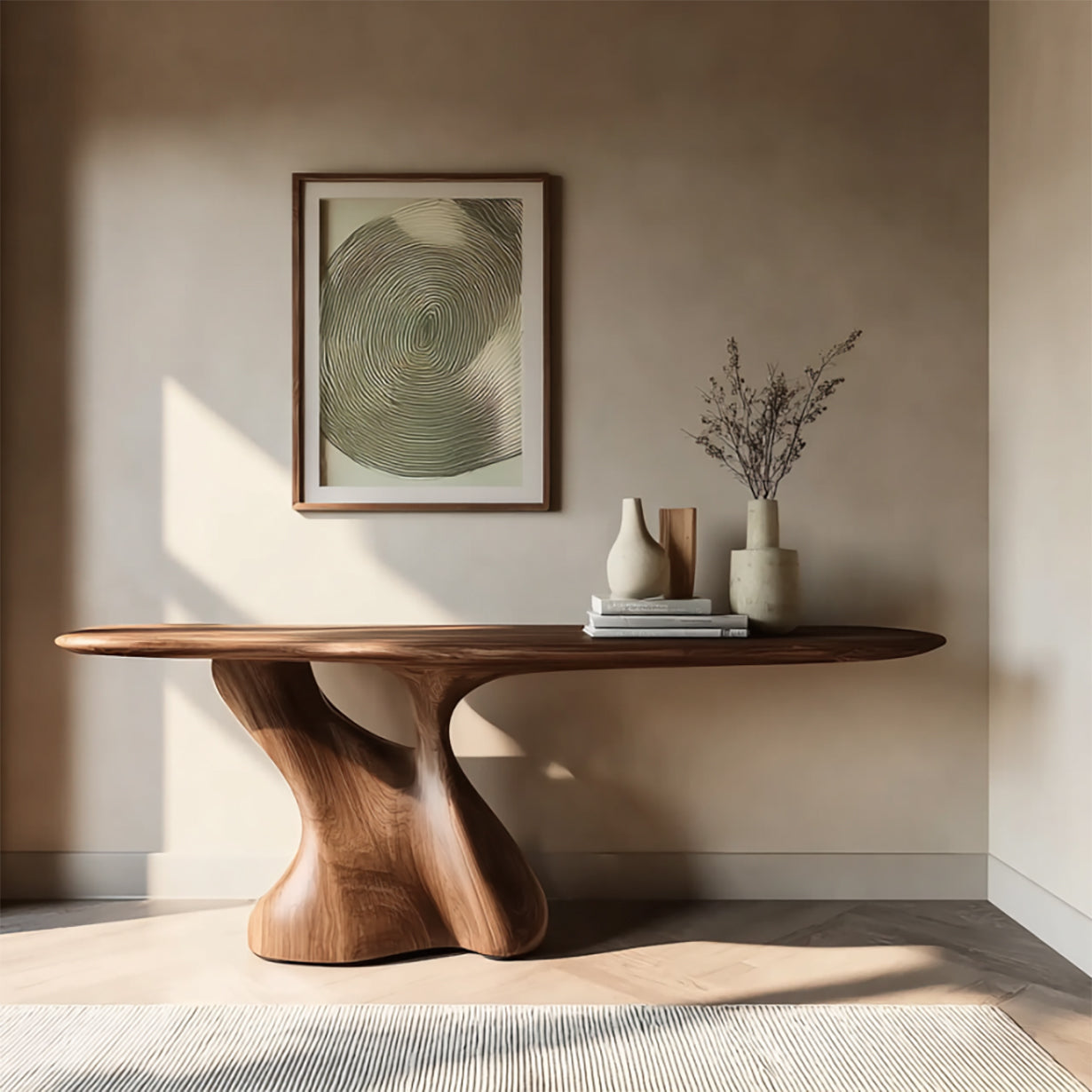 Rustikales Massivholz-Wohnmöbel – Handgefertigte Konsole mit Live Edge Regalen