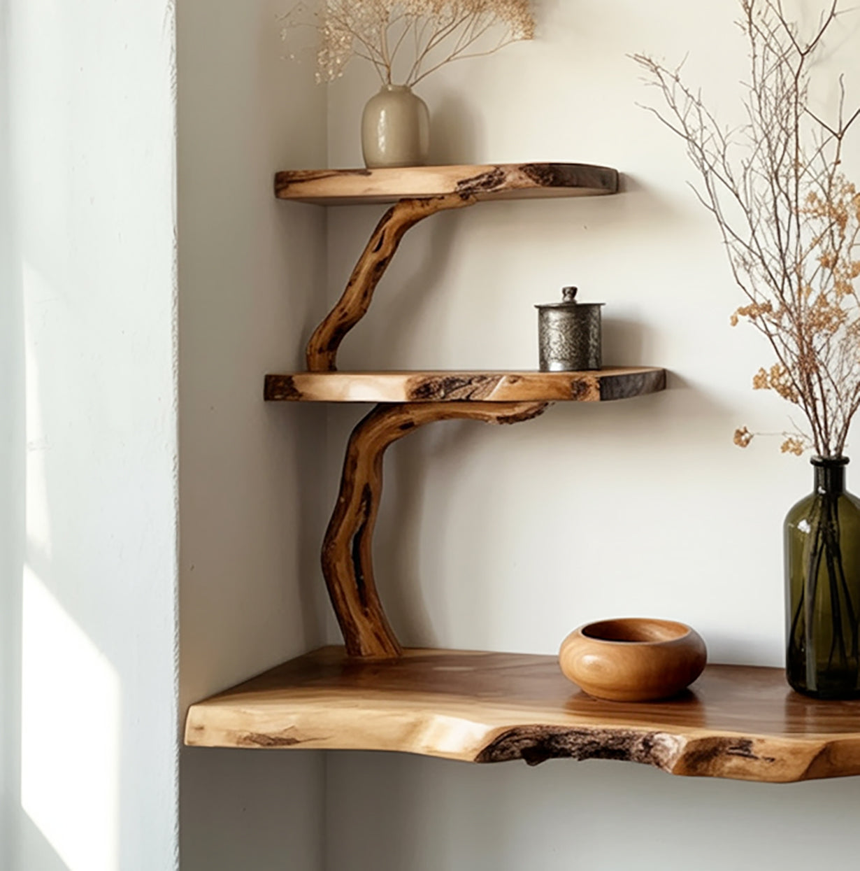 Schwebendes Regal mit Naturkante – Massivholz-Wand- und Bücherregal