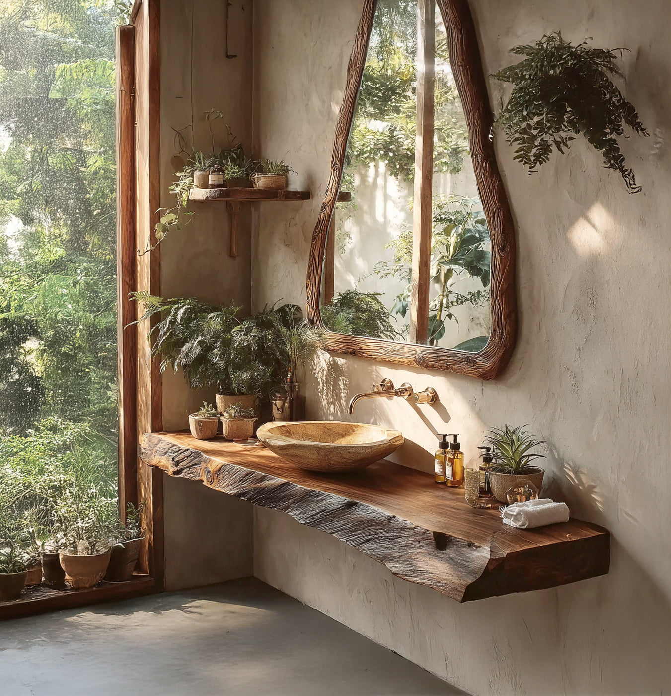 Rustikale Massivholz-Konsole – Handgefertigt mit Live Edge für Badezimmer
