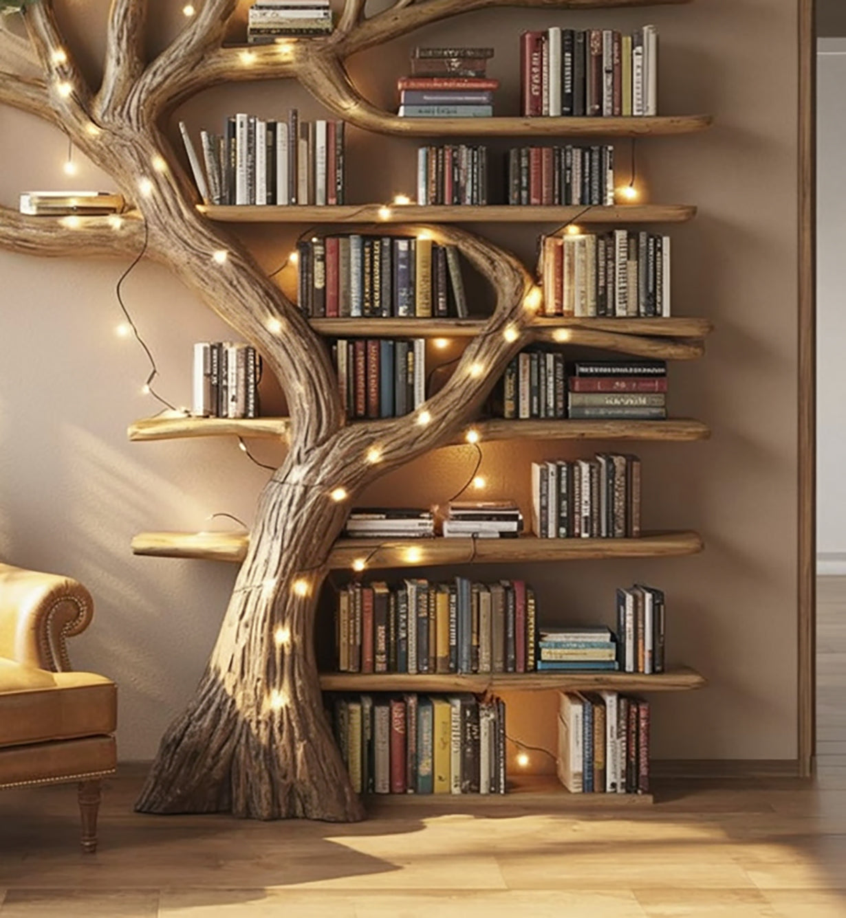 Baumzweig-Bücherregal – Schwebendes Wandregal aus Holz mit Baumkante