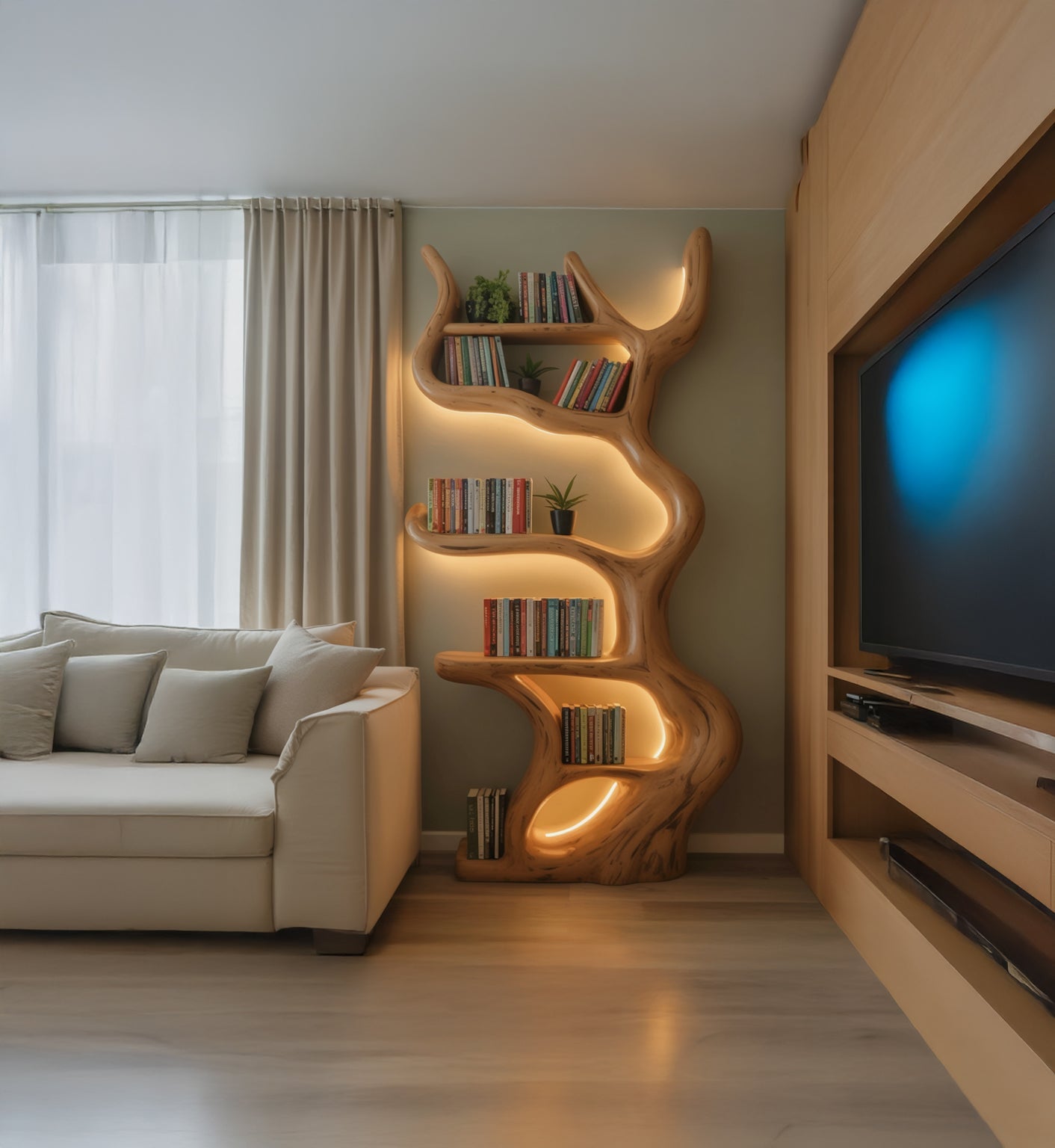 Rustikales Baum-Bücherregal – schwebendes Wandregal aus Massivholz