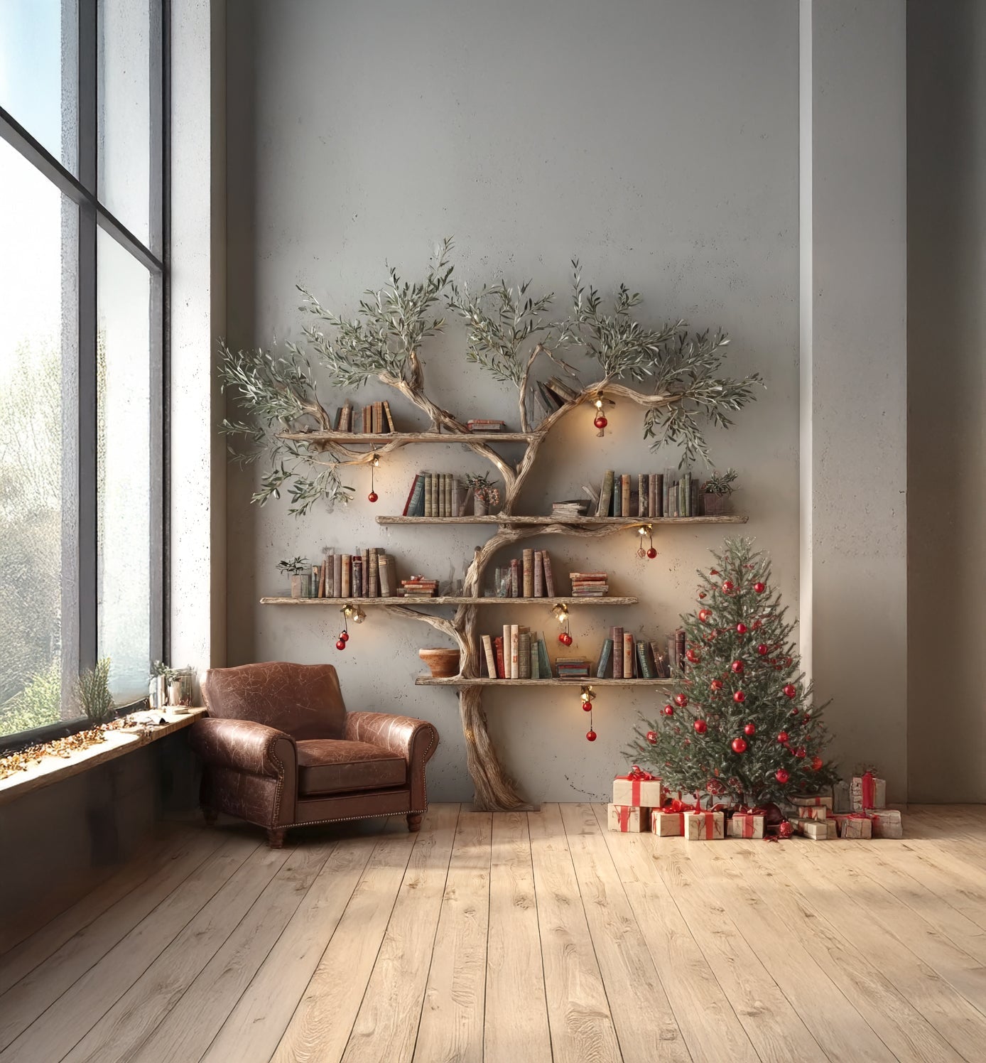 Baumförmiges Bücherregal – schwebendes Wandregal aus Massivholz mit Live Edge