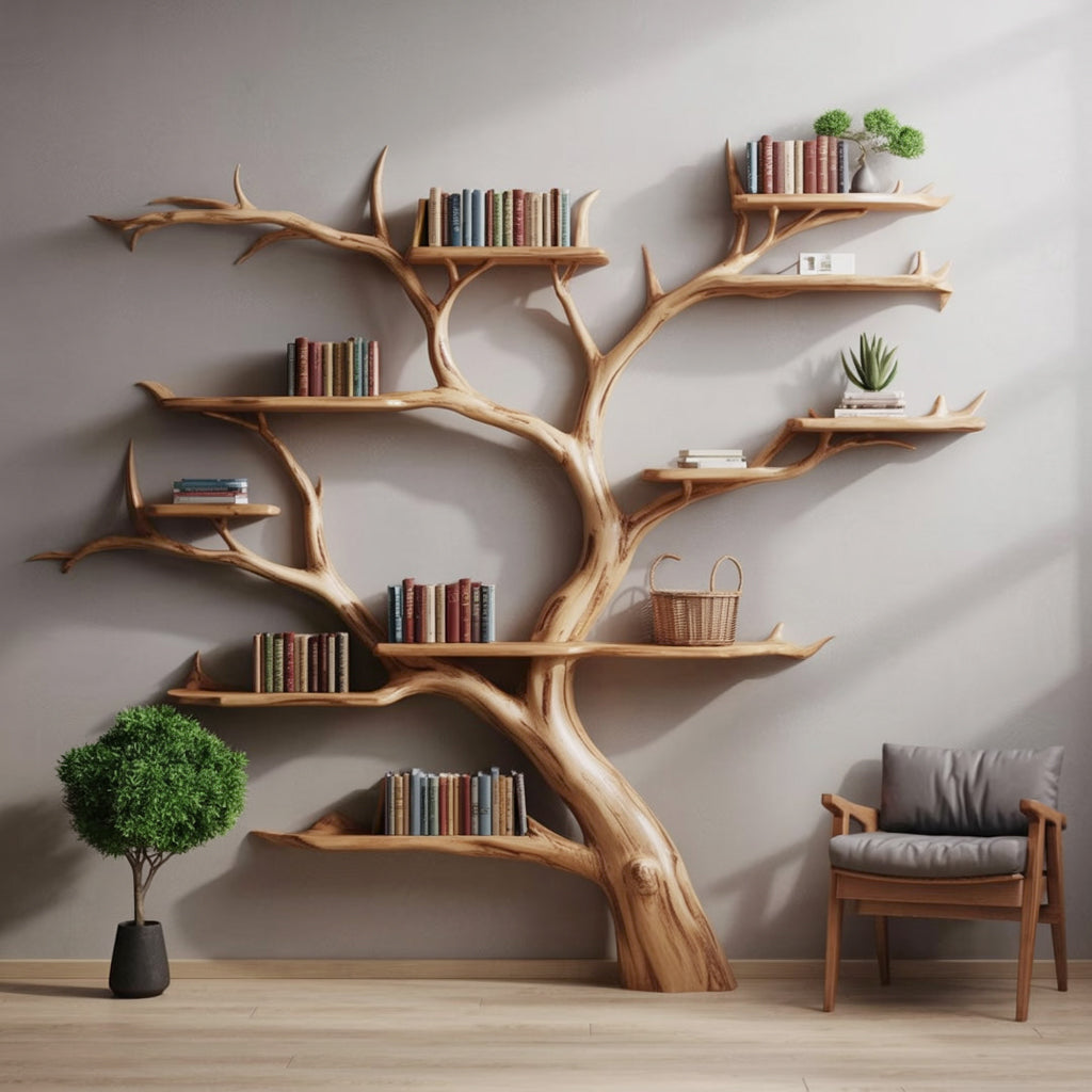 Handgefertigtes Baum-Bücherregal – Rustikales Holz-Wandregal Design