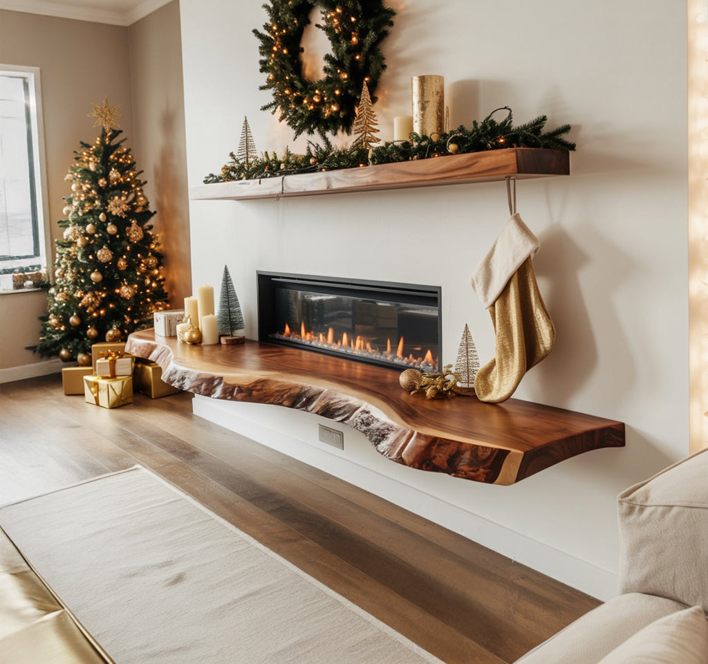 Maßgefertigtes schwebendes Eckregal – Baumkanten-Design für stilvolle Dekoration