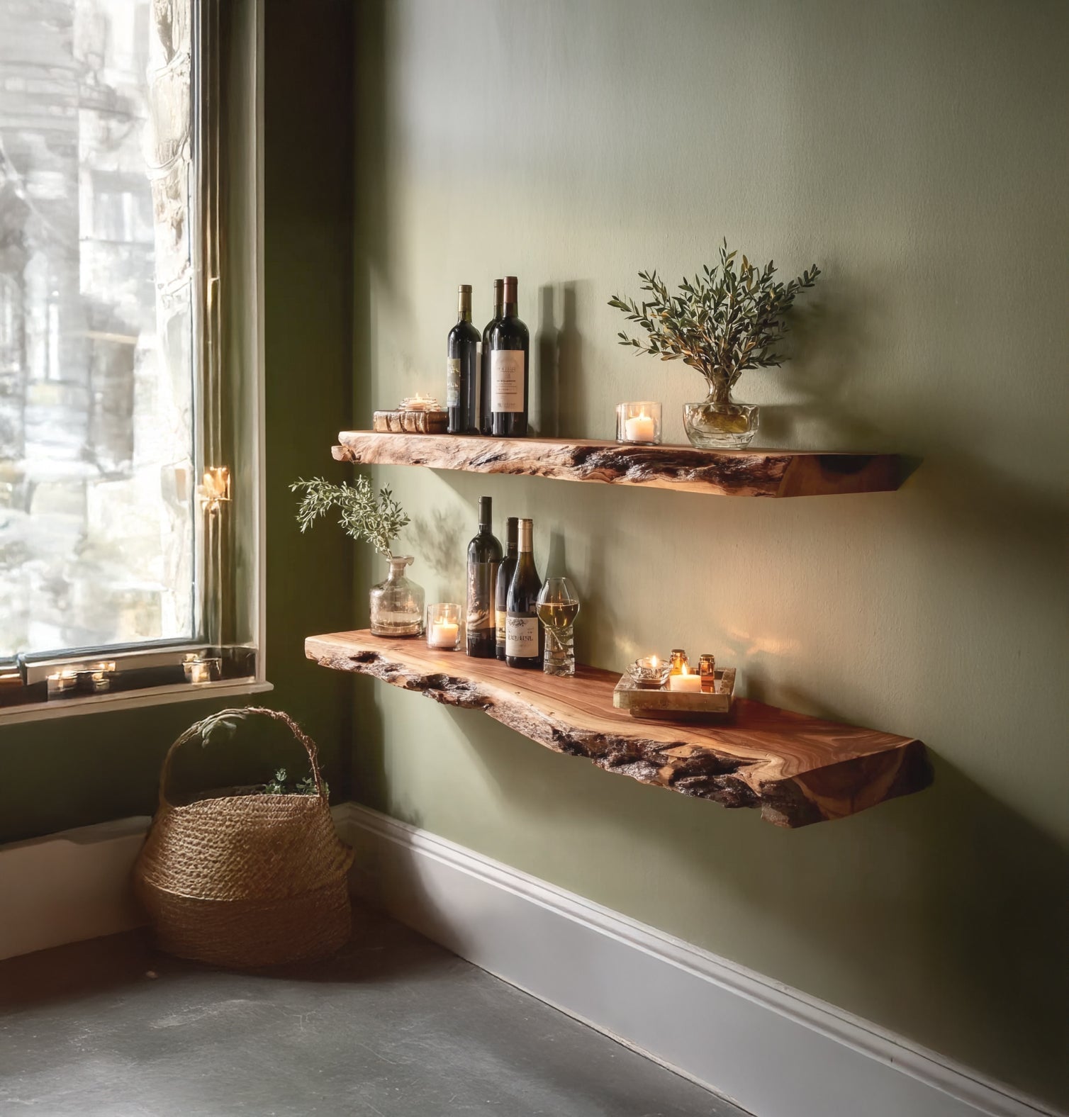 Handgefertigtes Live Edge Barregal – rustikales Massivholz-Wandregal für Küche & Bar