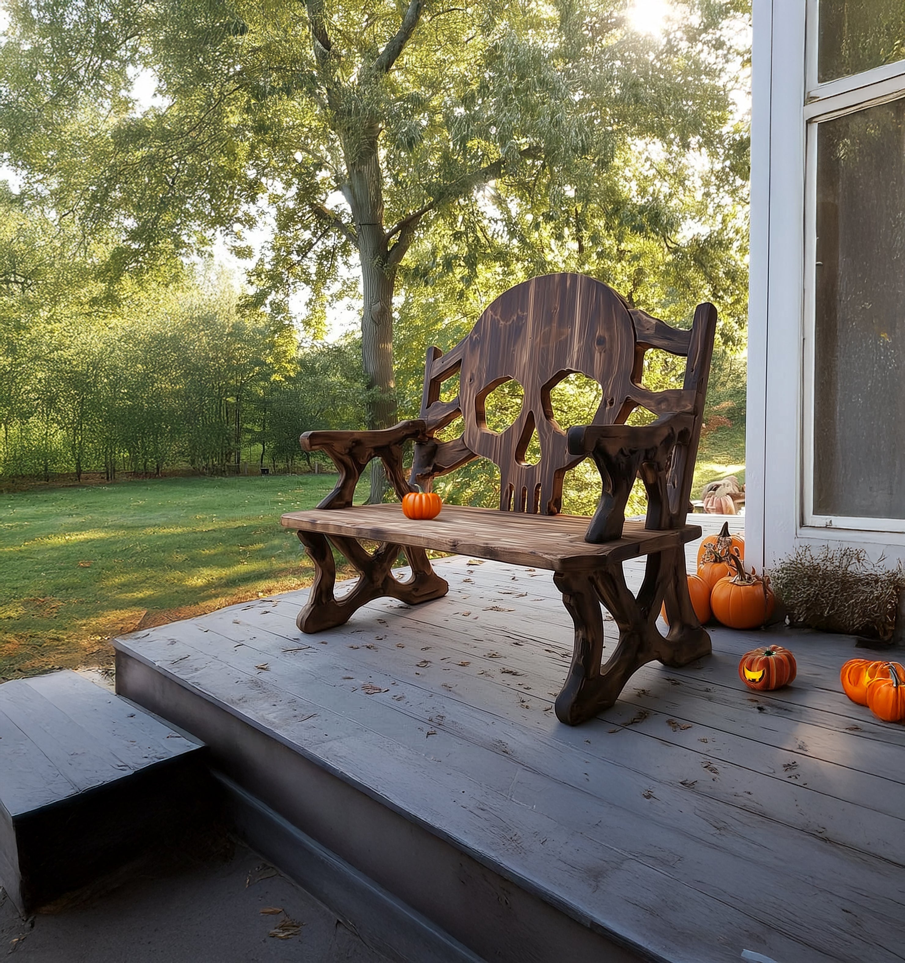 Handgefertigte Schädel-Bank – Halloween-Holzbank für Terrasse oder Garten