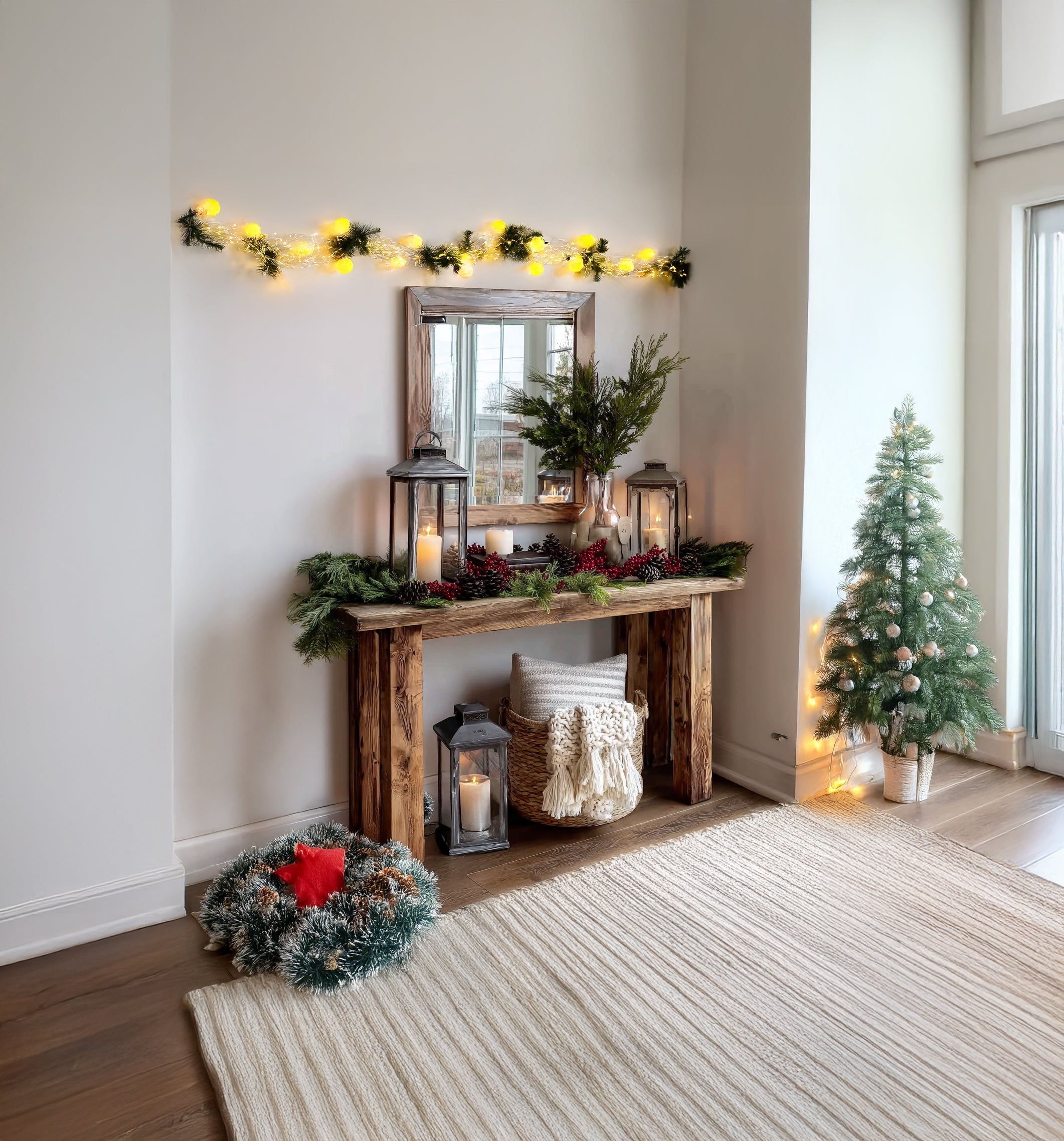 Rustikaler Massivholz-Konsolentisch mit natürlicher Oberfläche für den Eingangsbereich