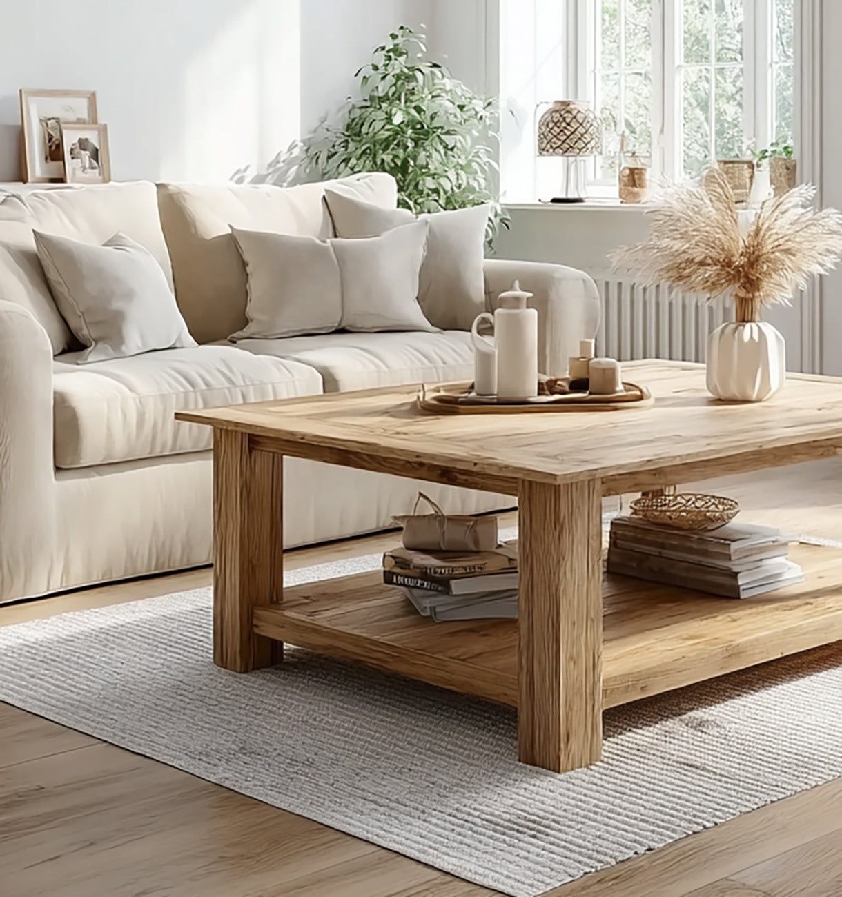 Rustikaler niedriger Couchtisch – Baumkante aus recyceltem Holz, Farmhouse-Möbel