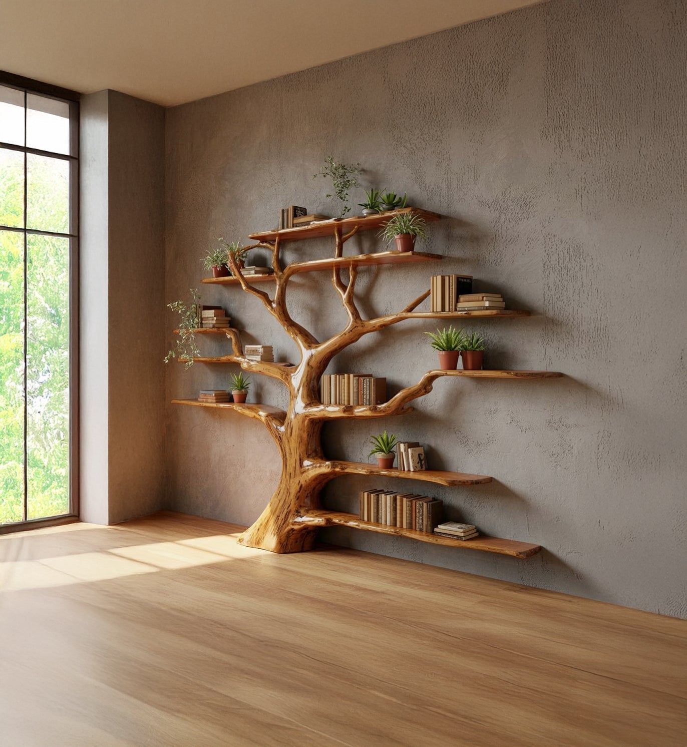Baum-Bücherregal – Rustikales Holzregal in Baumform, Wandmontiertes Naturholz-Dekor