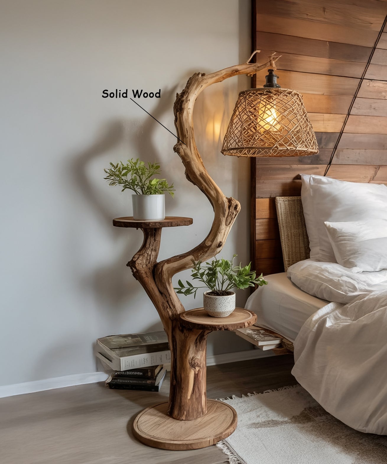 Rustikale Stehlampe aus Treibholz mit Ablagen – handgefertigte Holz-Stehleuchte