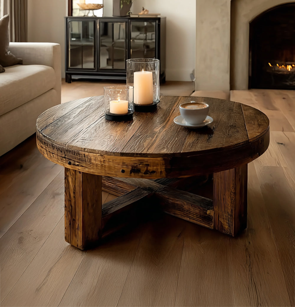 Runder Eichen-Couchtisch – Rustikales Upcycling-Holz im Landhausstil