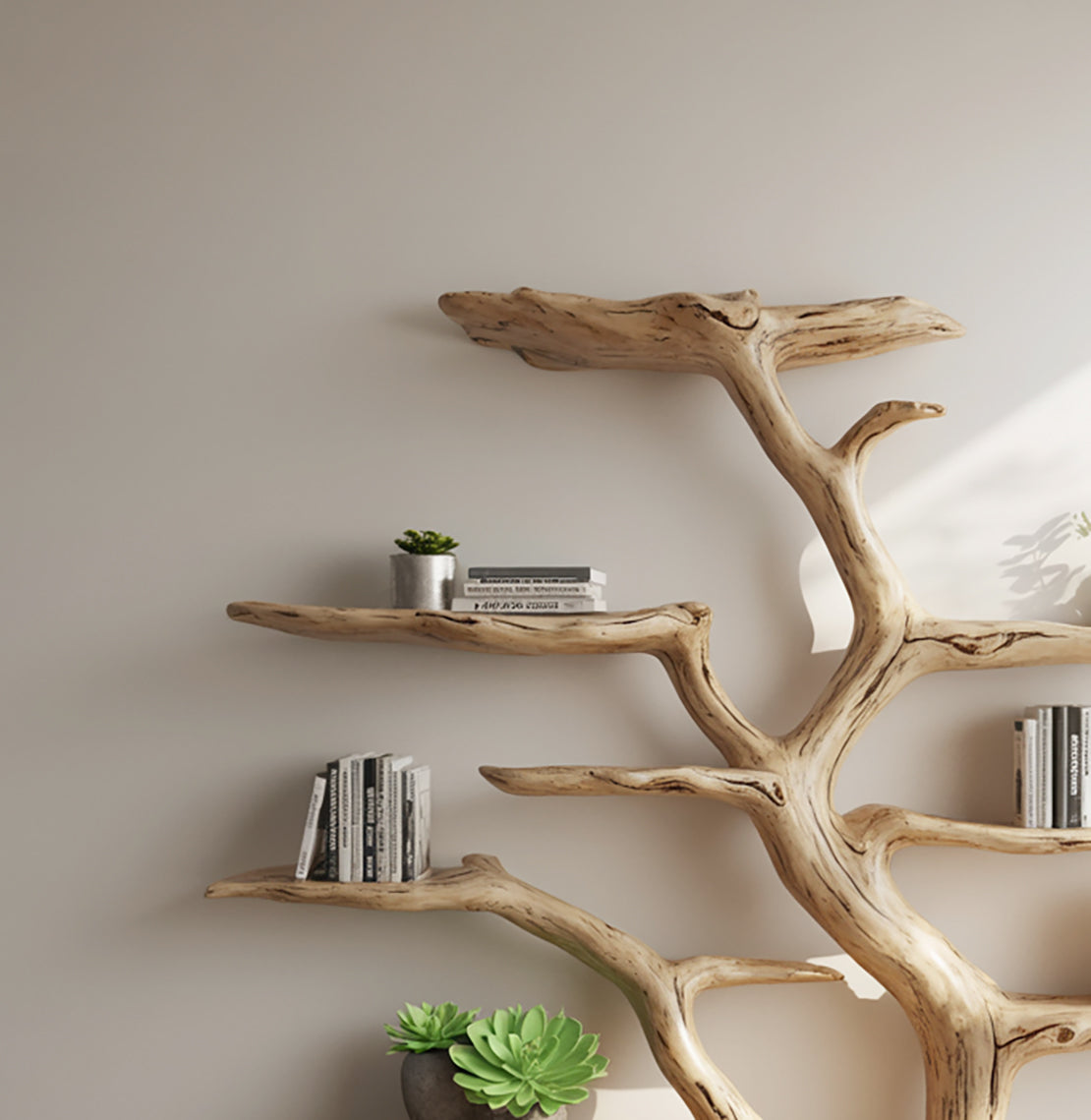 Baum-Bücherregal – handgefertigt aus Holz mit Baumkante, rustikale Wanddekoration