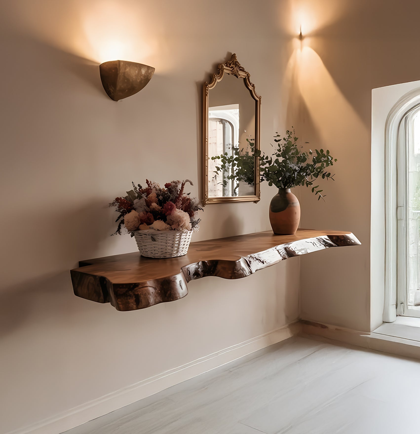 Baumkanten-Walnuss-Regale – robuste Farmhouse-Holzwandregale für Weihnachtsdeko