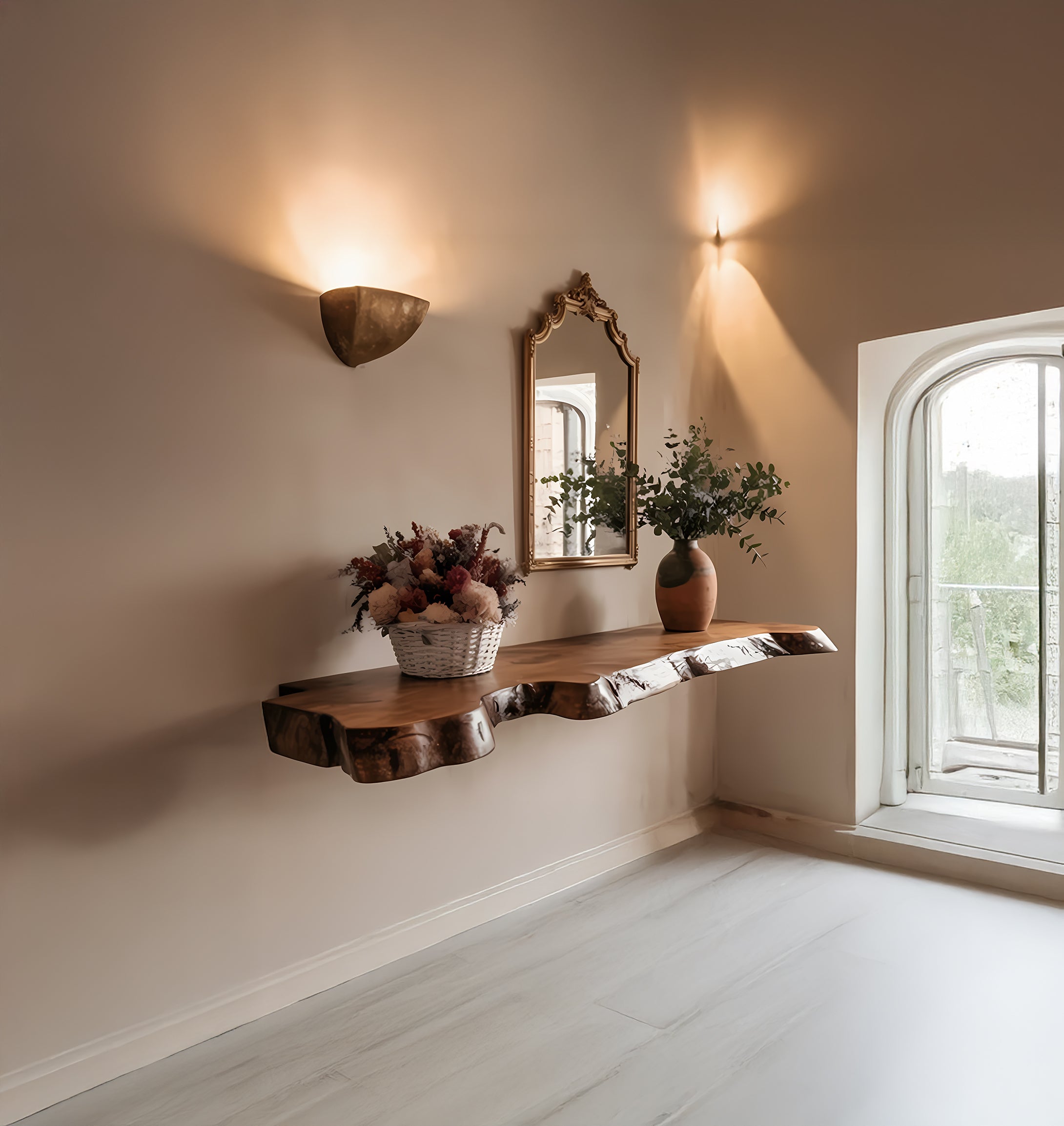 Baumkanten-Walnuss-Regale – robuste Farmhouse-Holzwandregale für Weihnachtsdeko