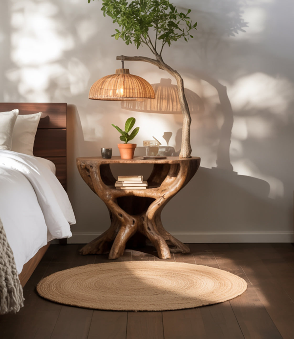 Holz-Beistelltisch mit Baumlampe – handgefertigte Nachttischleuchte