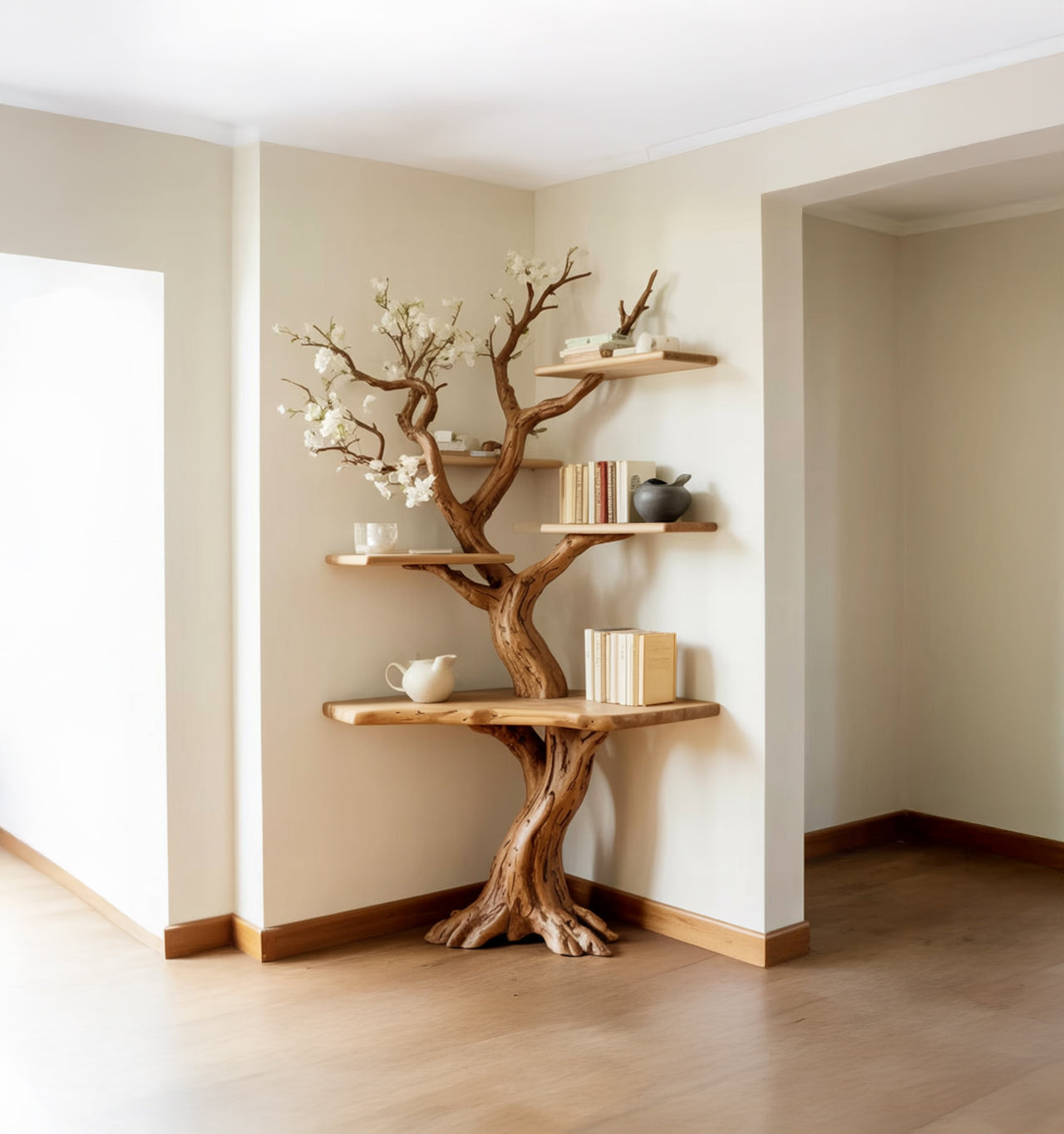Rustikales Eck-Baumregal mit integriertem Schreibtisch aus Holz