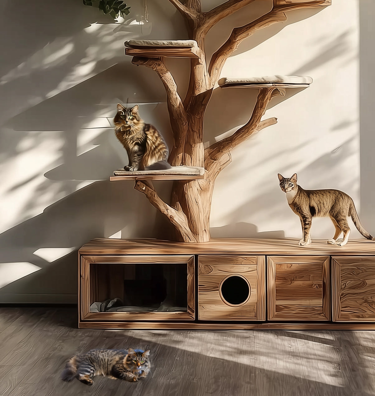 Handgefertigter Holz-Katzenbaum – rustikal & modern für große Katzen
