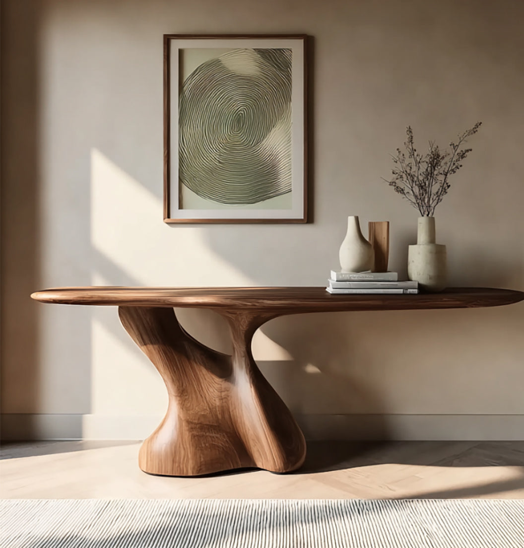 Rustikales Massivholz-Wohnmöbel – Handgefertigte Konsole mit Live Edge Regalen