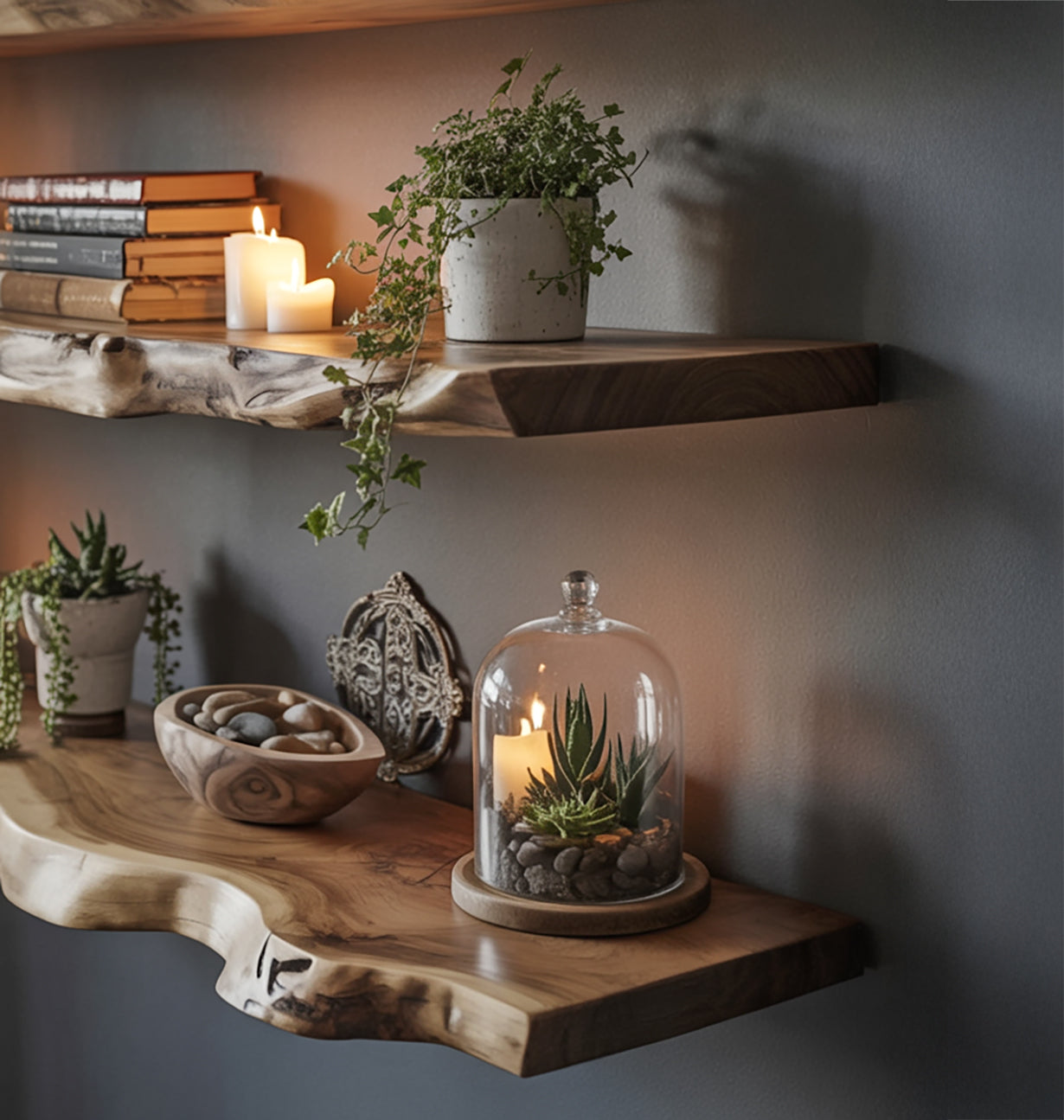 Handgefertigtes Massivholz-Wandregal mit Live Edge – Modernes Schwebendes Aufbewahrungsregal