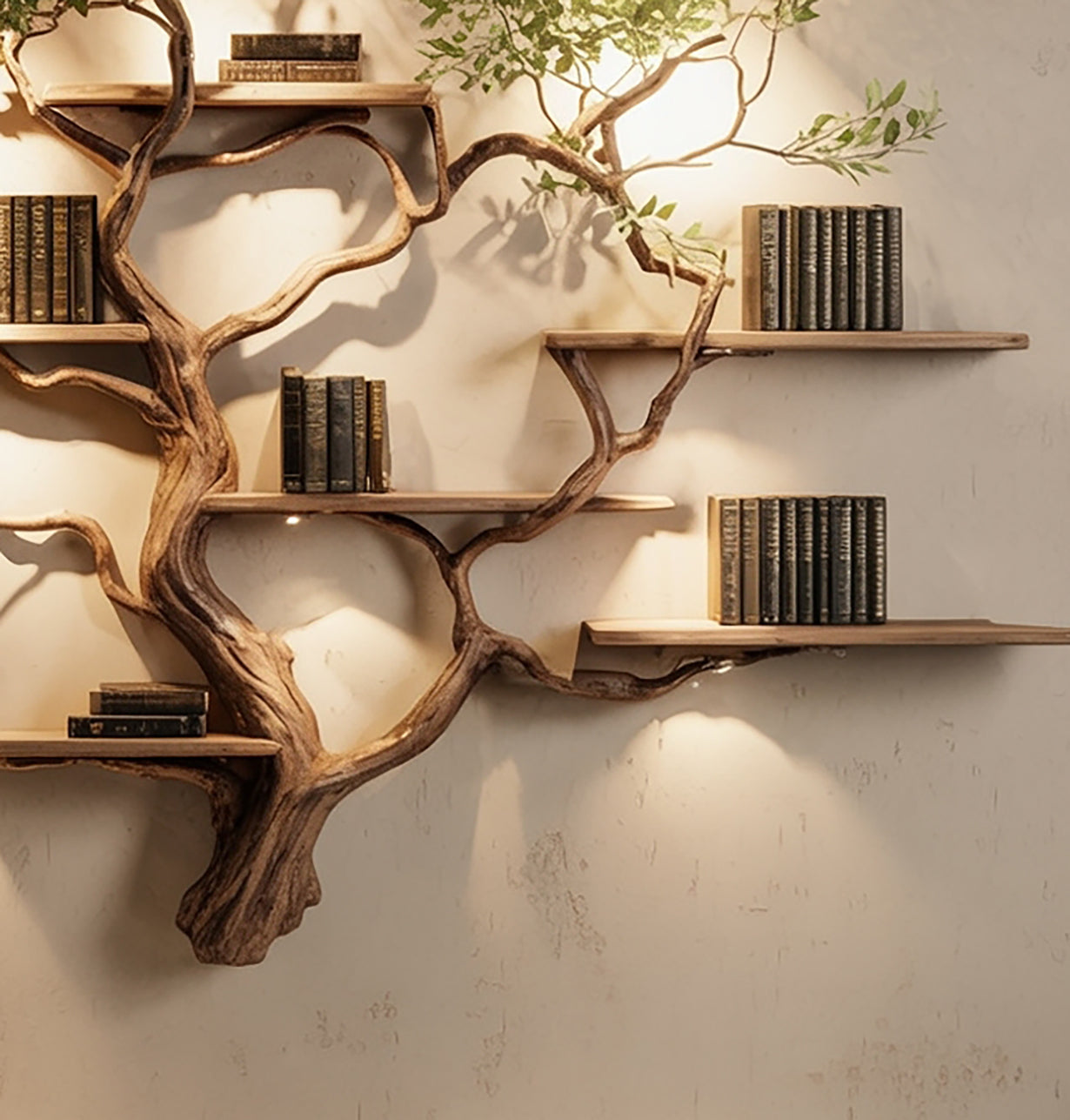 Live Edge Massivholz-Bücherregal – Baum-Design Wandregal mit Schwebenden Regalen