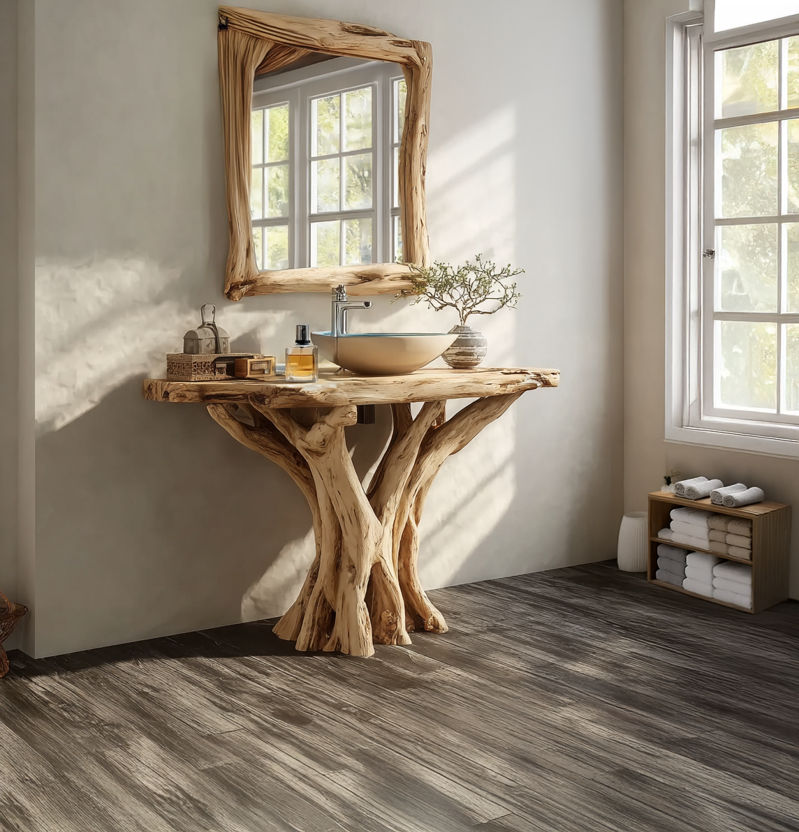 Farmhouse-Eck-Waschtisch aus Holz mit Live-Edge – rustikaler Stil