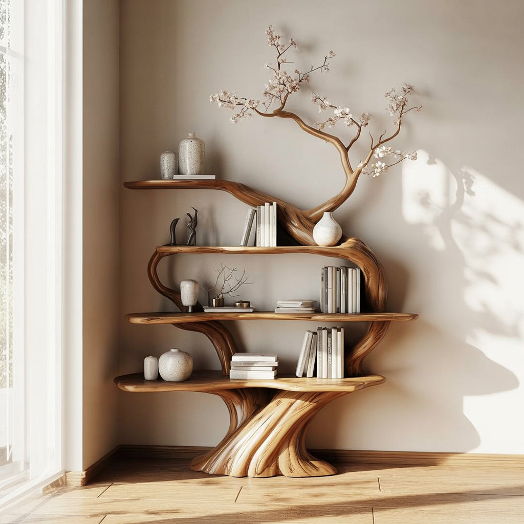Unique wooden bookshelf shaped like a tree with blooming branches, decorated with books and ceramics