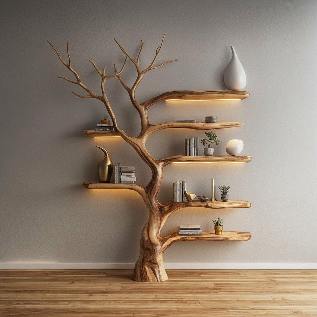 Rustikales Baumzweig Bücherregal – Handgemachte Wanddeko aus Massivholz
