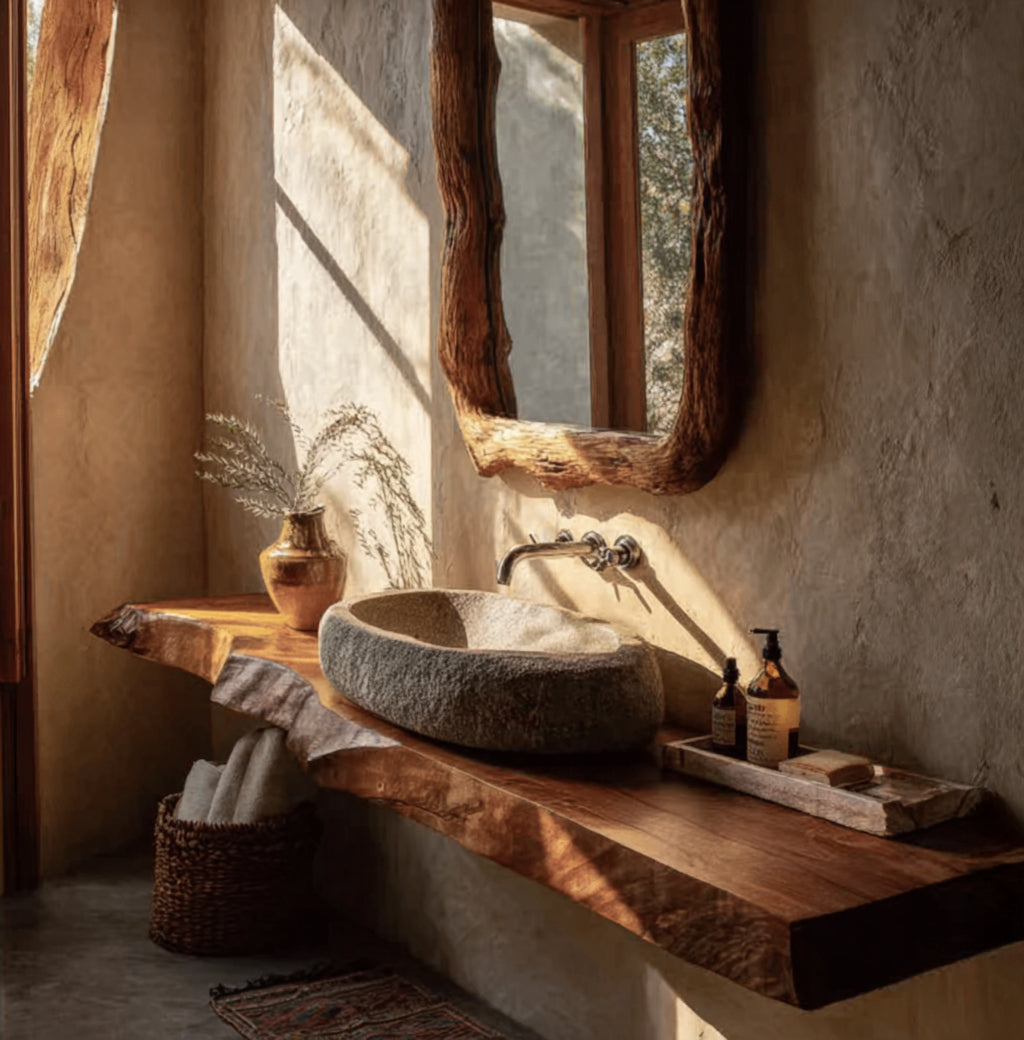 Rustikaler Massivholz-Waschtisch mit Baumkante – schwebendes Badezimmerregal