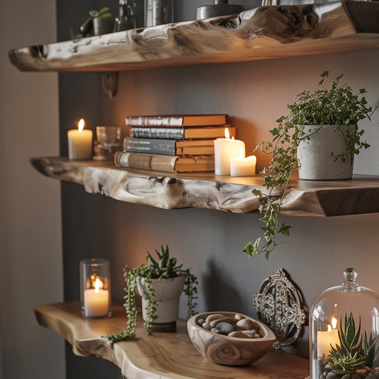 Handgefertigtes Massivholz-Wandregal mit Live Edge – Modernes Schwebendes Aufbewahrungsregal