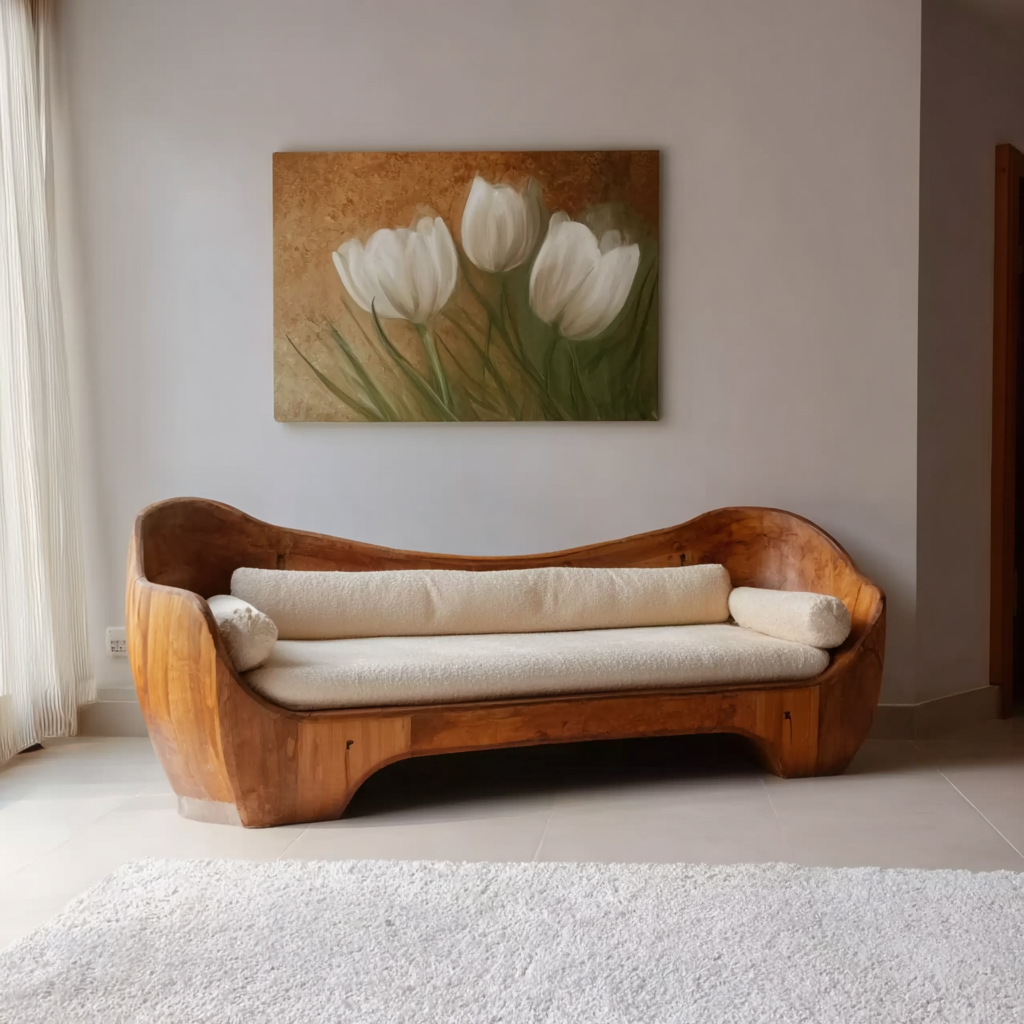 Künstlerisches Holzsofa – skulpturales, modernes Sitzmöbel für das Wohnzimmer