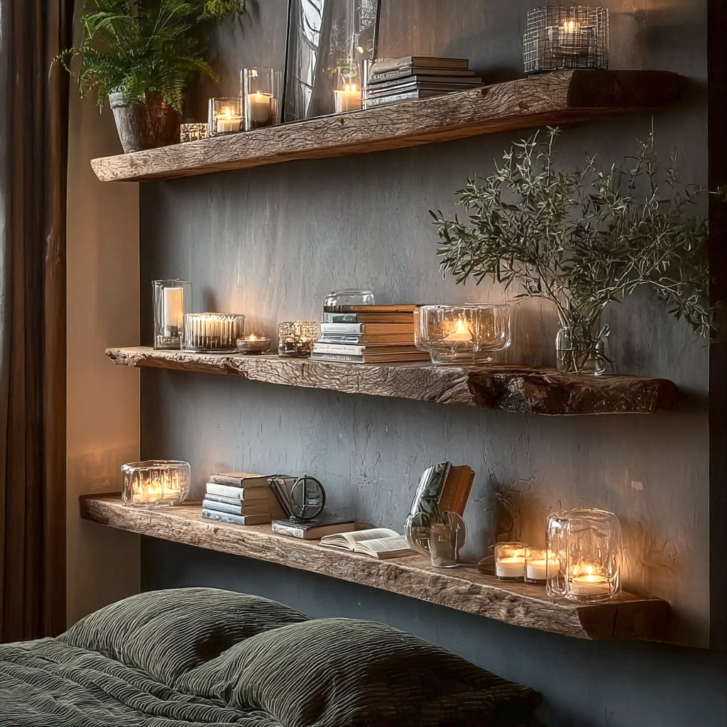 Rustikale schwebende Regale mit Baumkante – handgefertigt aus Massivholz