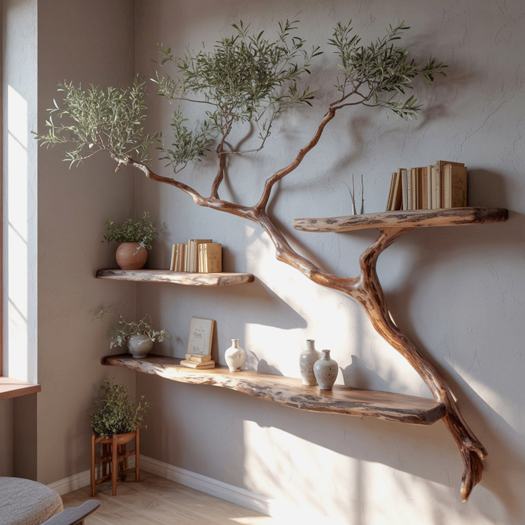 Baum-Wandregal – handgefertigtes Holzregal mit Baumkante, rustikal & dekorativ