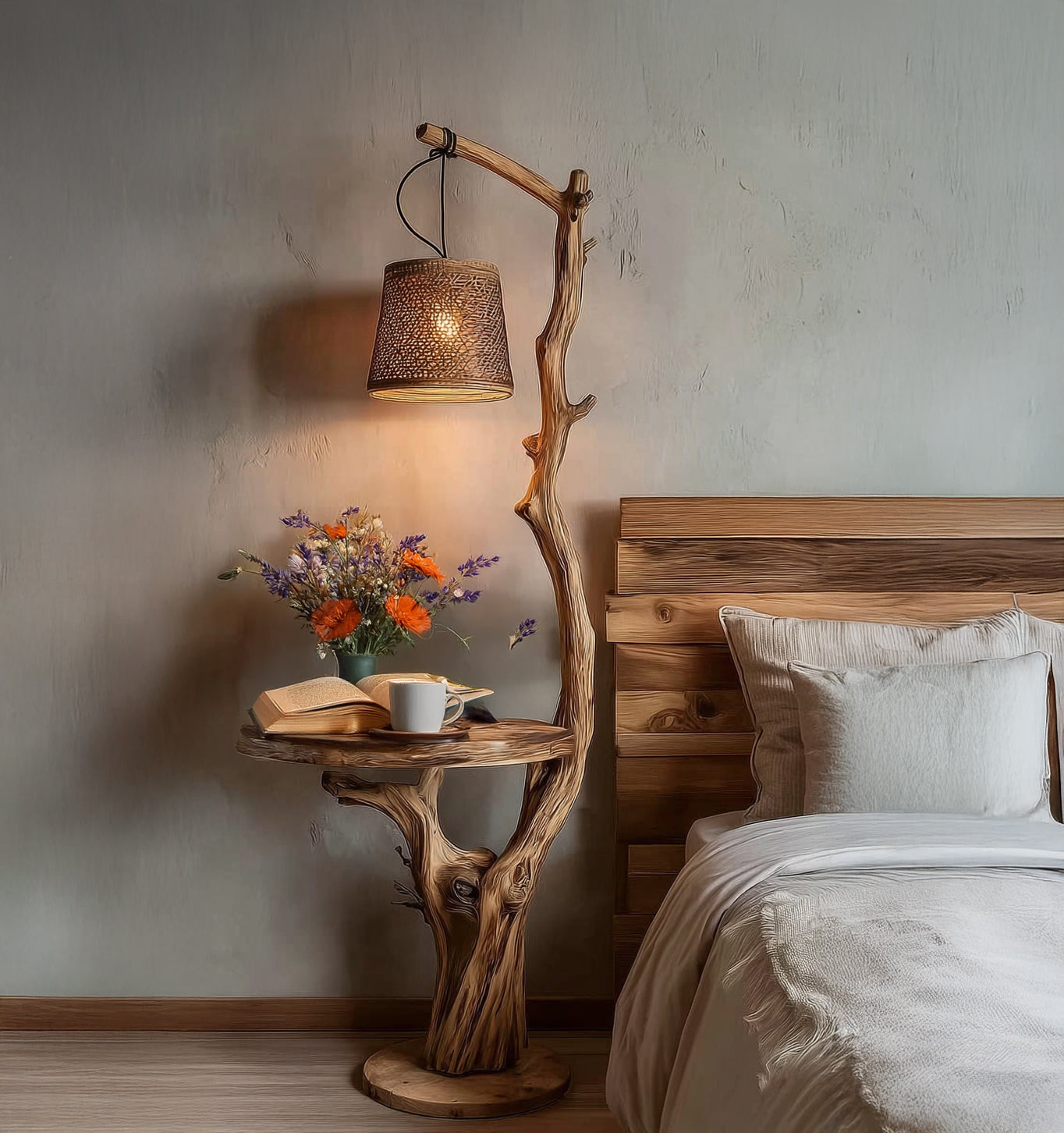 Rustikale Stehlampe aus Treibholz mit Regalen – Handgefertigte Holz-Stehleuchte