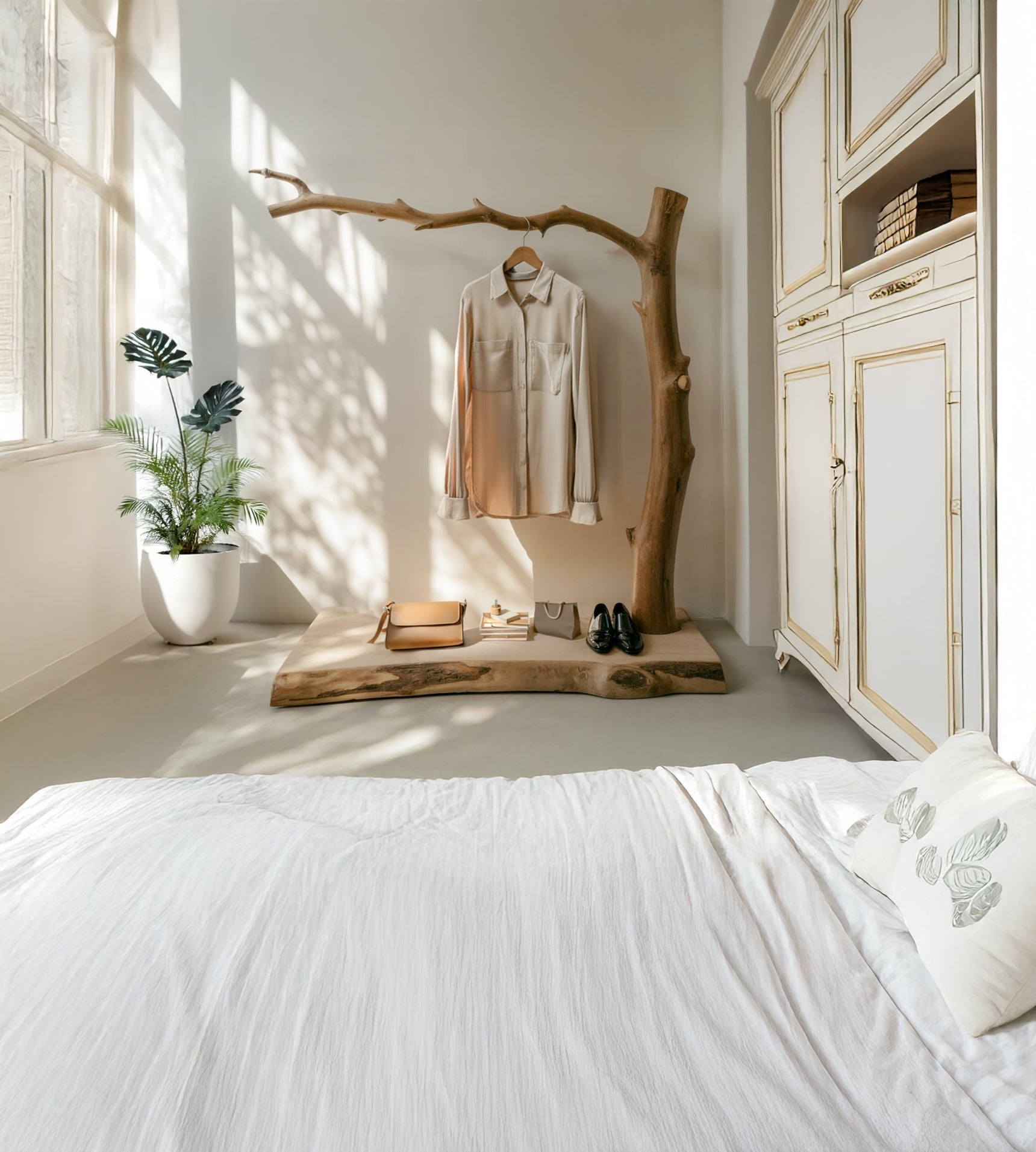 Handgefertigtes Holzregal mit Garderobenhaken – Baumzweig-Stil, stehender Kleiderständer