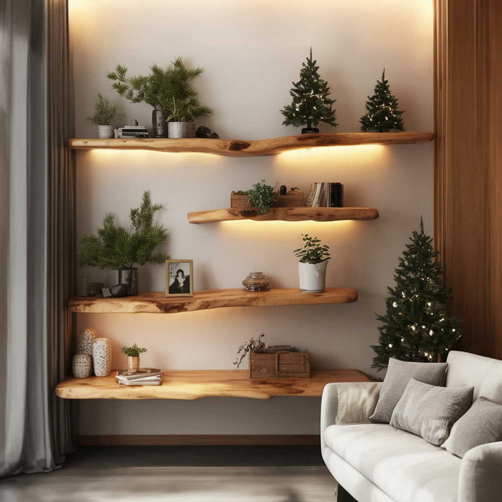 Handgefertigte Schweberegale mit Naturkante – Gewellt geschnitztes Holz-Wandregal