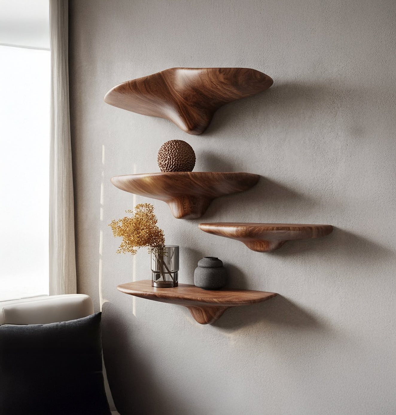 Organische handgefertigte Holz-Wandregale – Modernes Design & Dekor
