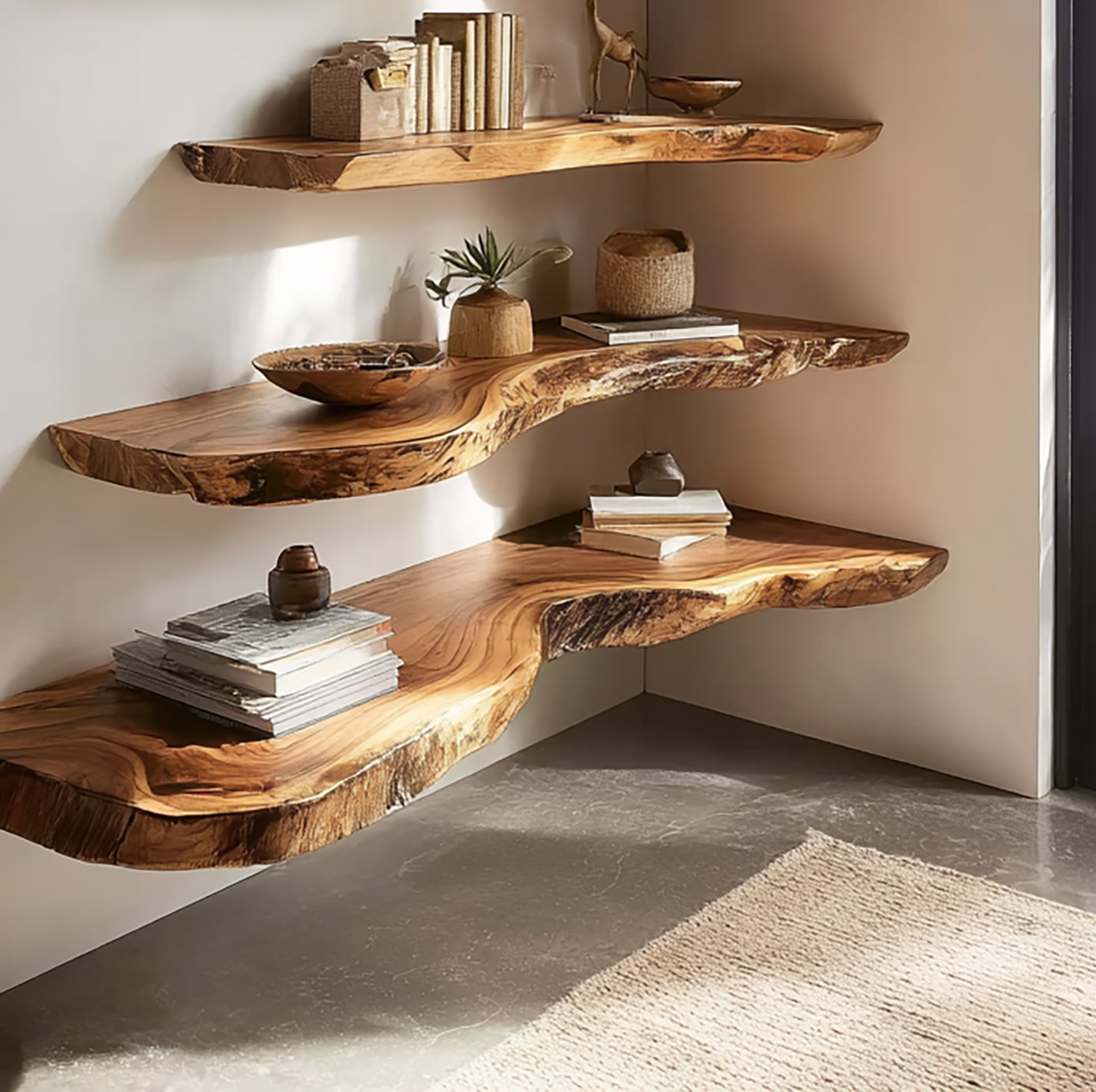 Rustikales Wandregal aus Massivholz mit Live Edge – Walnuss Regal für Wohnkultur