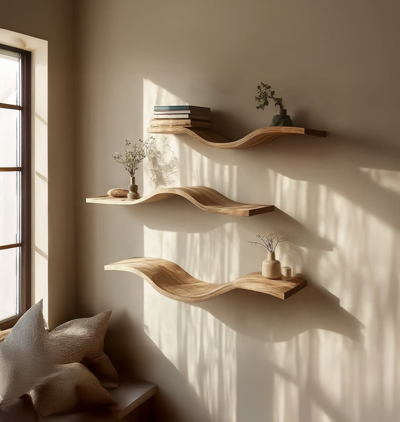 Rustikales schwebendes Wandregal mit Naturkante – Massivholz Walnuss