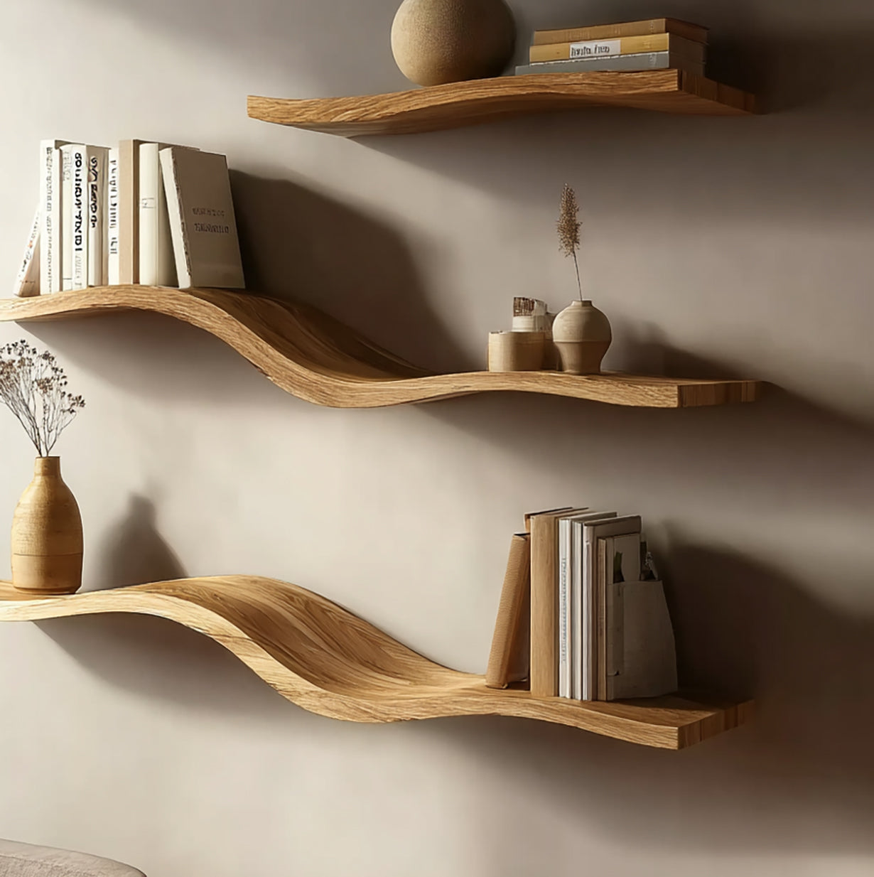 Massivholz Wellen-Wandregal – Modernes Wandmontiertes Rustikales Wohnaccessoire